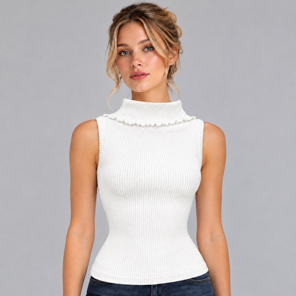 Vintage 70s White Ribbed Sleeveless Turtleneck Sweater Top XXS XS -